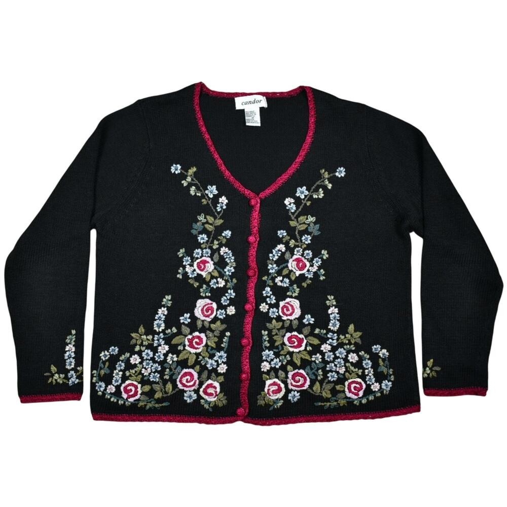 Womens Vintage Floral Embroidered Cardigan Sweater M Knit Black Whimsigoth Retro